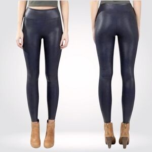 NEW SPANX Faux Leather Leggings Shapewear Tummy Control Navy/Black Size 1X